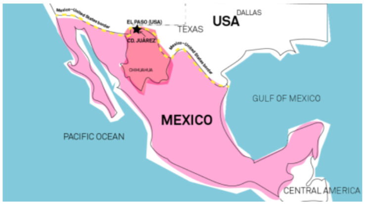 Figure 1. Map of Mexico with a star pointing at Ciudad Juarez. (Linnert et al.)