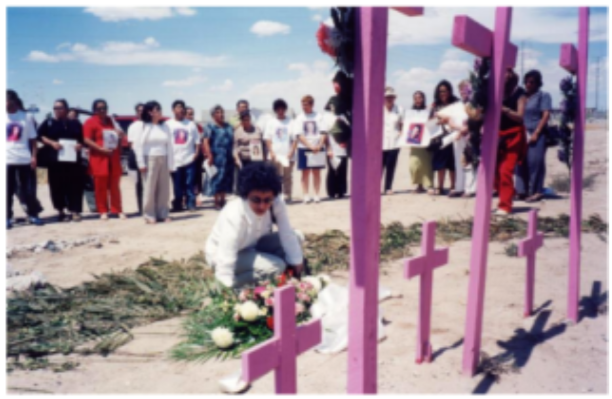Figure 2. Eight crosses are placed on the field by the Maquiladora Association to demand justice for the victims (Amnesty International, 2003).