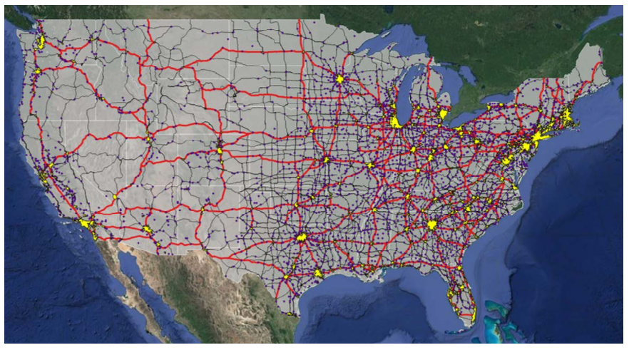 **Figure ES-1.** Cities (yellow polygons), towns (purple points), and interstates (thick red lines) considered in this analysis.
